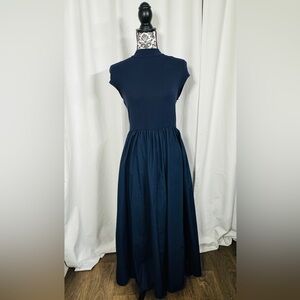 SHEIN Navy Short-Sleeve Midi Dress with Gathered Skirt